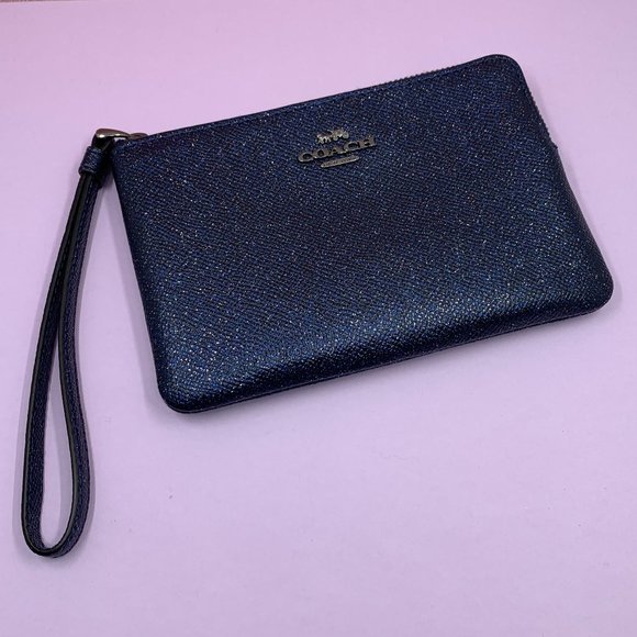 Coach Handbags - Coach Wristlet - Corner Zip Wristlet Crossgrain Leather Metallic Navy - NWOT